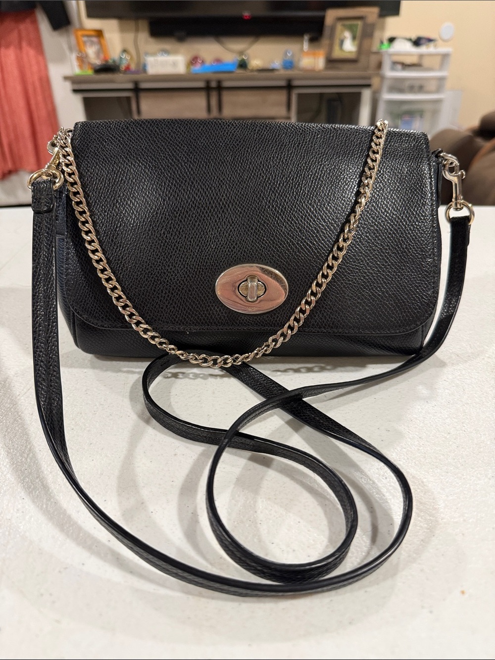 Coach Crosstown Black Leather Crossbody with Silver Tone chain and Turnlock